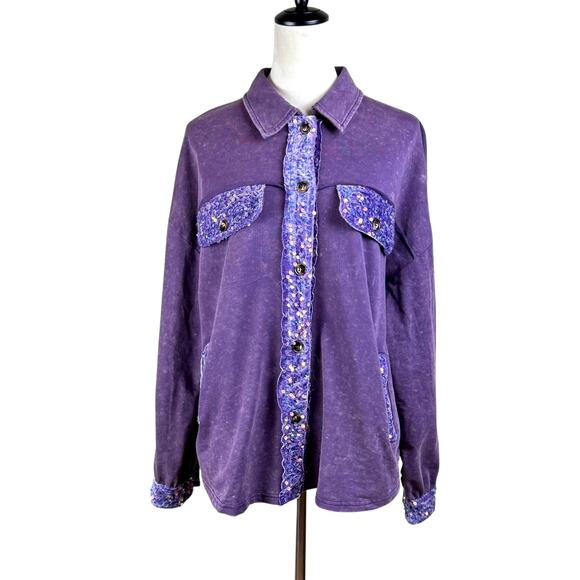 White Birch Purple Mineral Wash Velvet Trim Sequis Button Up Relaxed Shacket - Picture 5 of 16
